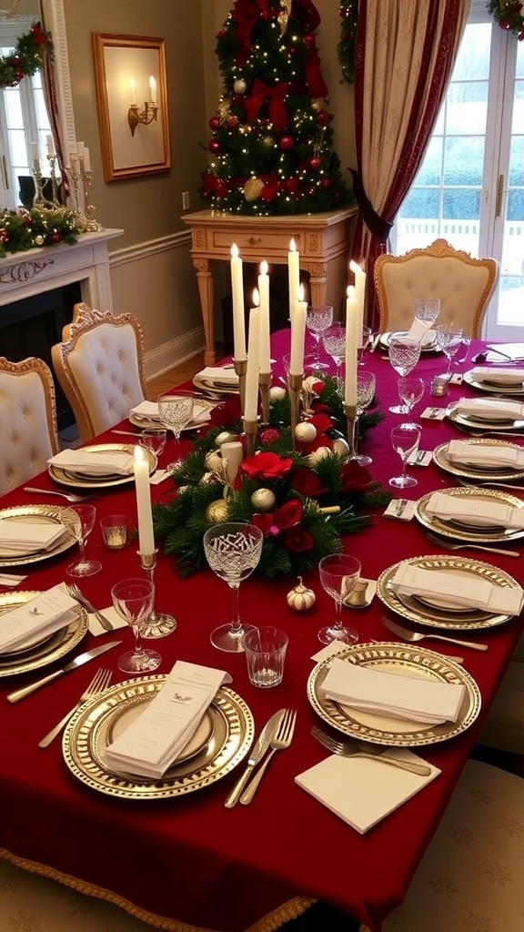 A festive Christmas dinner table setting for 20, featuring elegant tableware, candles, and seasonal decorations.